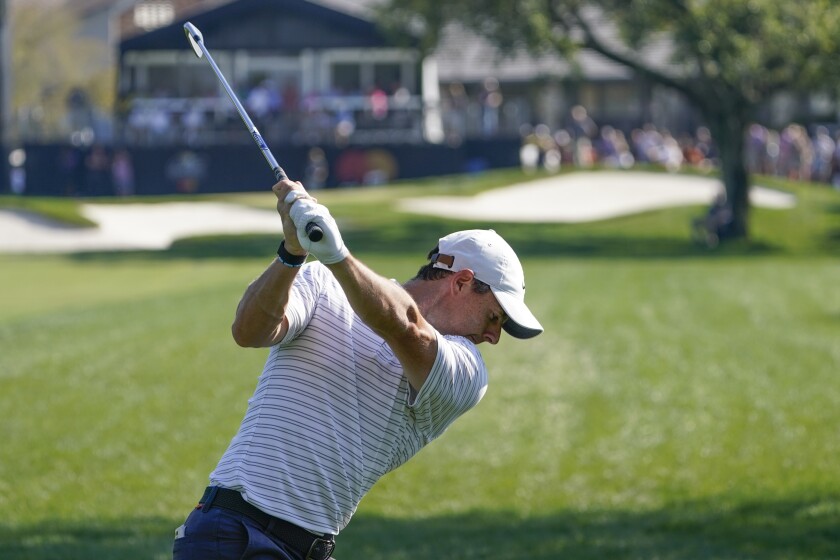Rory McIlroy, of Northern Ireland, hits from the ninth fairway during the second round of the Arnold Palmer Invitational golf tournament Friday, March 4, 2022, in Orlando, Fla. (AP Photo/John Raoux)