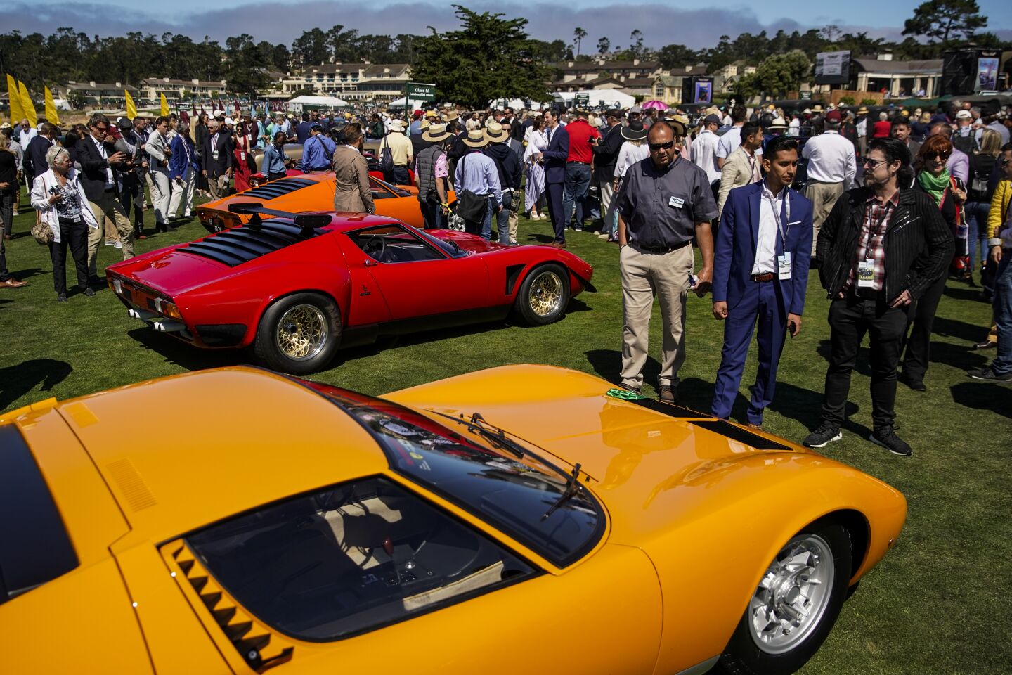 PEBBLE BEACH, CALIF. - AUGUST 18: Concours d'Elegance attendees walk among the cars in the Class N, Lamborghini Miura cars at the 69th Pebble Beach Concours d'Elegance at the Pebble Beach golf course on Sunday, Aug. 18, 2019 in Pebble Beach, Calif. (Kent Nishimura / Los Angeles Times)
