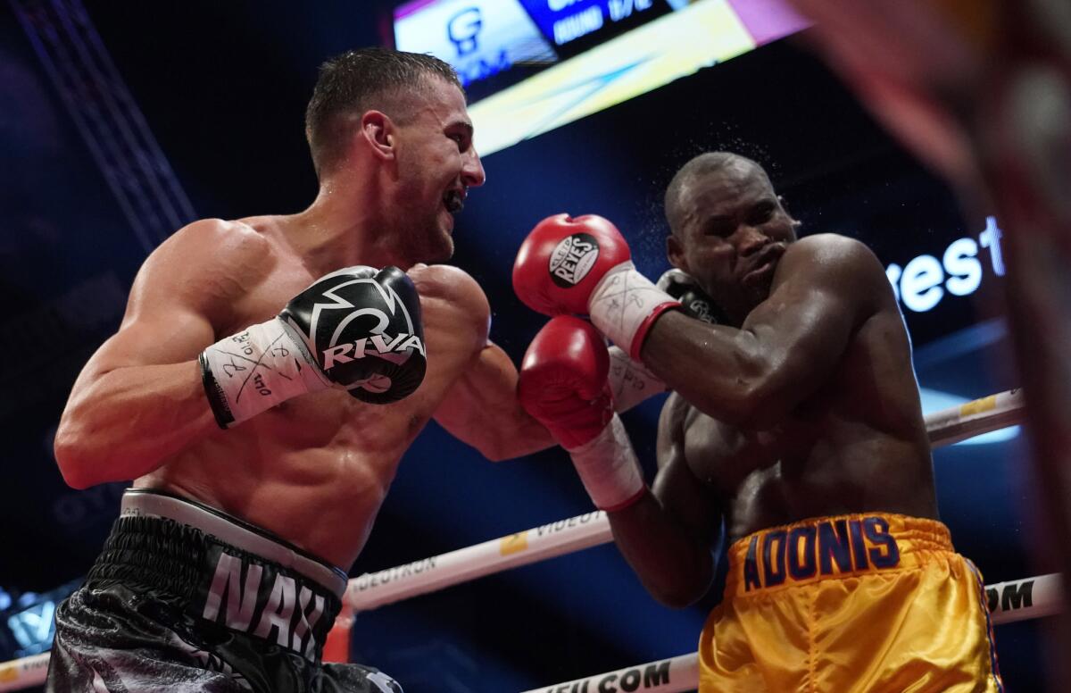 Oleksandr Gvosdyk punches Adonis Stevenson during their WBC light heavyweight championship fight at the Videotron Center on December 1, 2018 in Quebec City, Quebec, Canada.