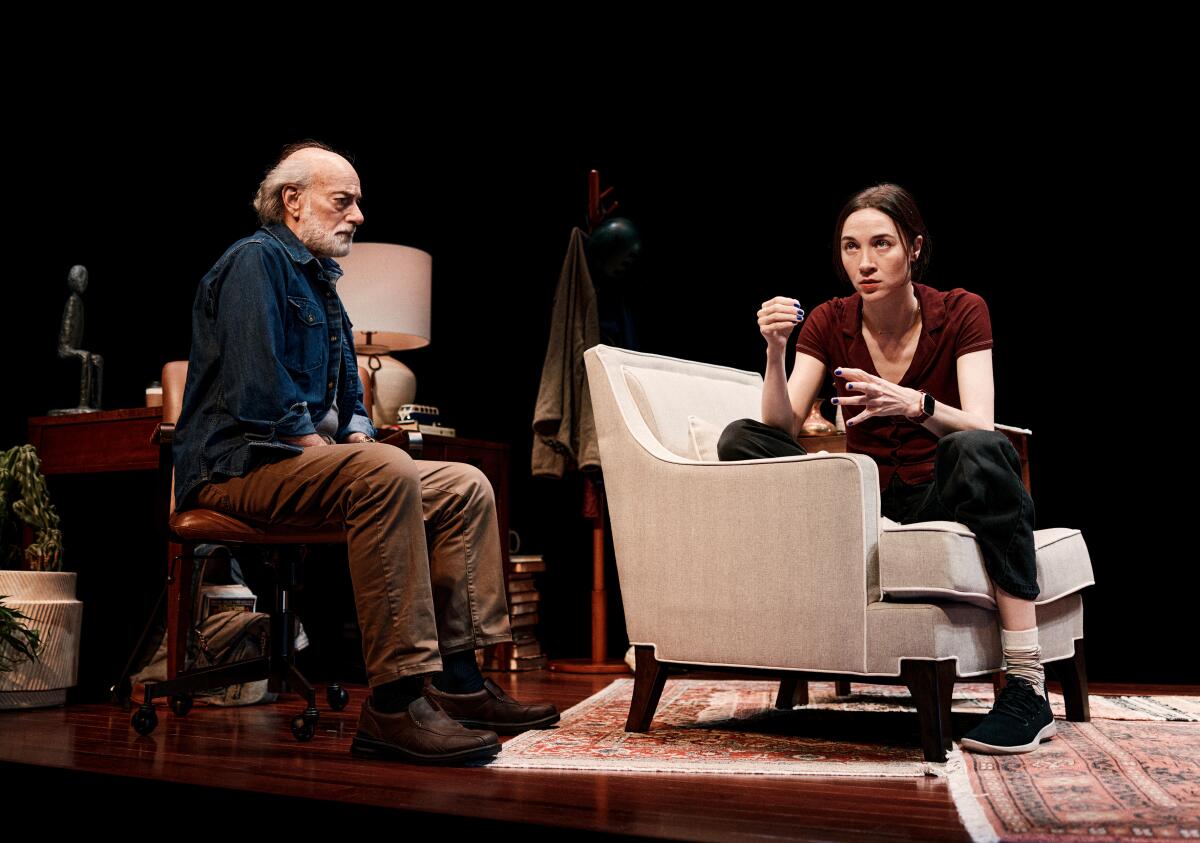 Peter Friedman and Sydney Lemmon in "Job" at Broadway's Helen Hayes Theater.