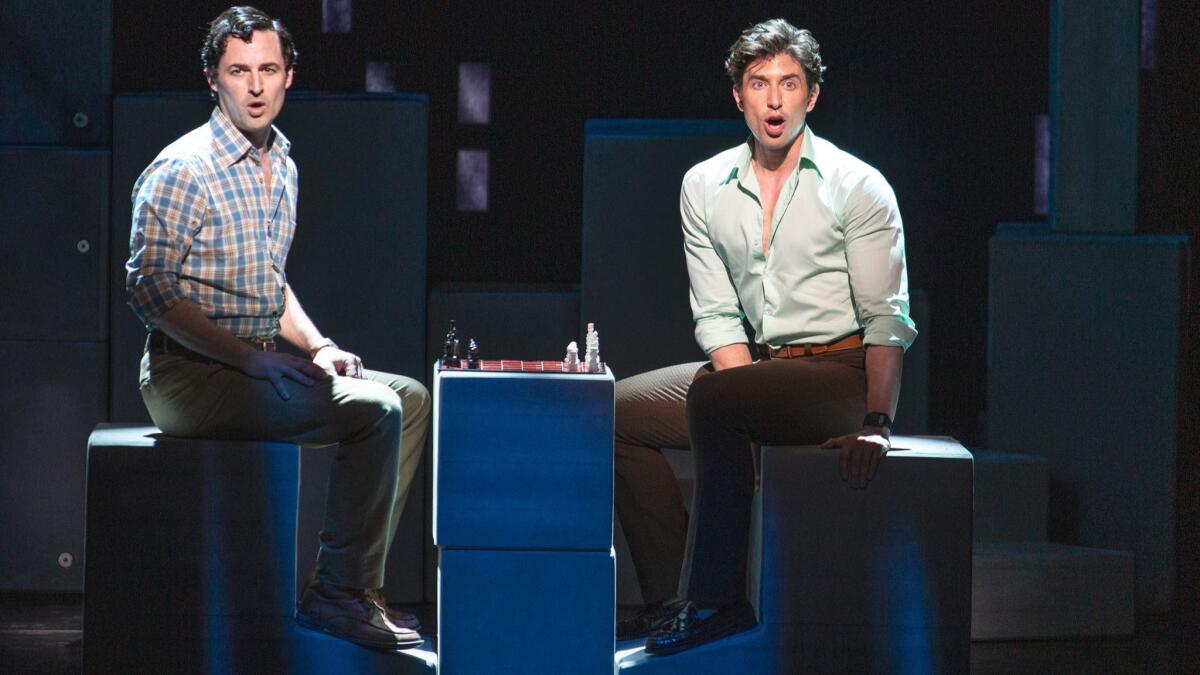 Nick Adams, right, with Max von Essen in "Falsettos" at the Ahmanson in L.A.