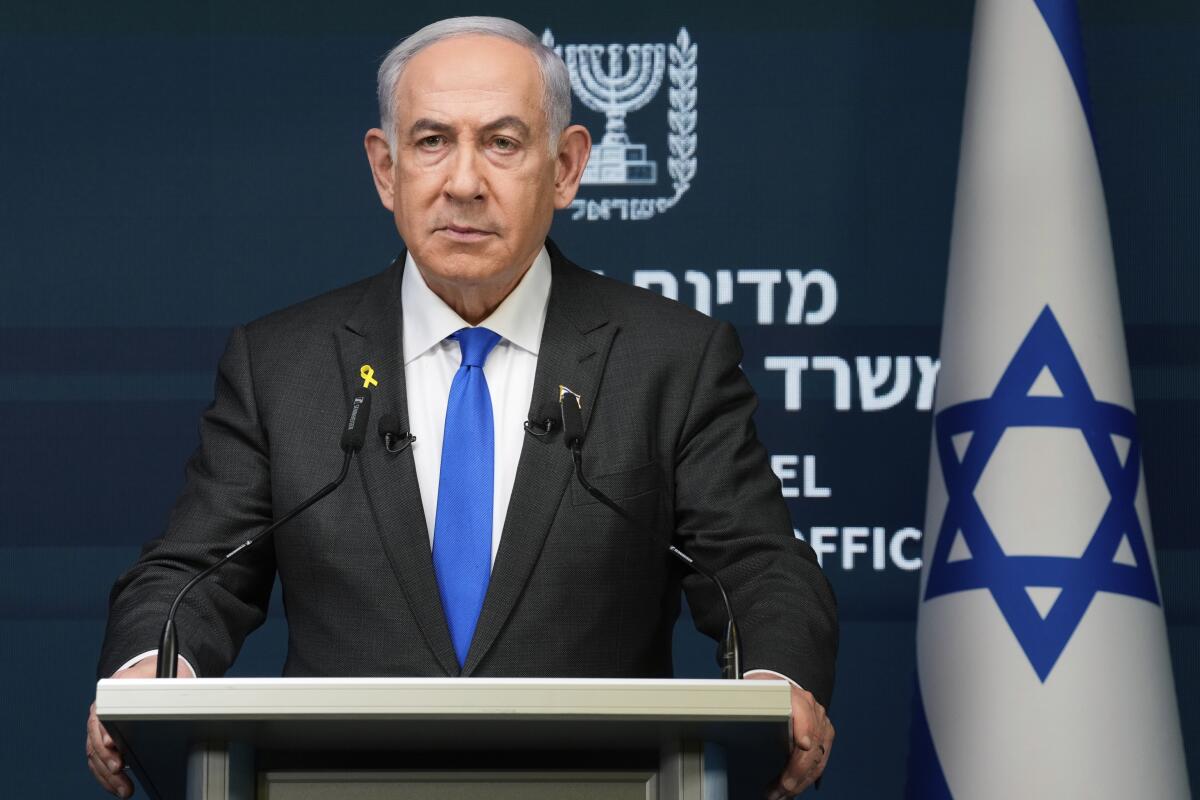 Israeli Prime Minister Benjamin Netanyahu speaks at a news conference in Jerusalem.