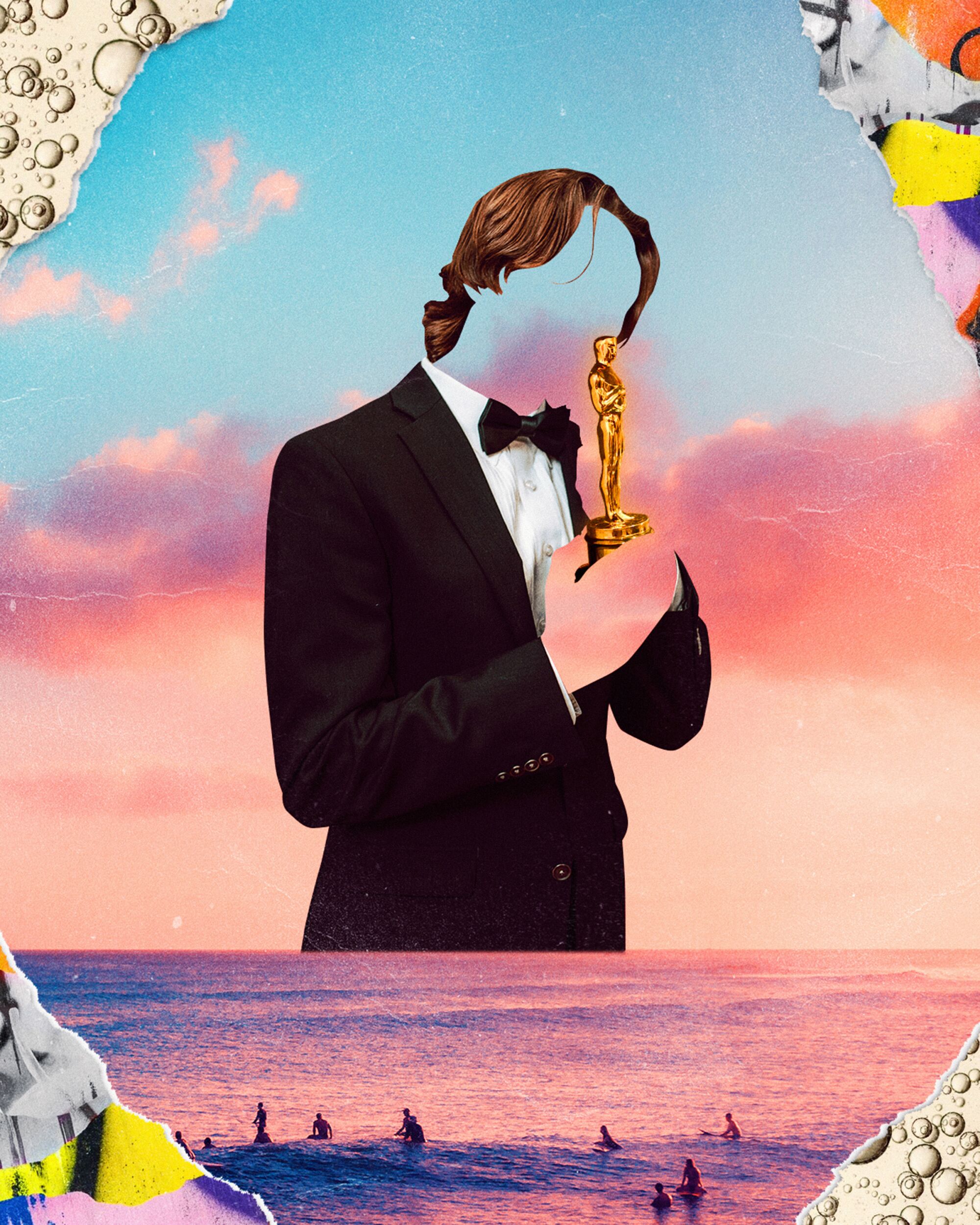 collage cutout of a faceless person wearing a black bow tie and tuxedo jacket in front of an ocean sunset, holding an Oscar