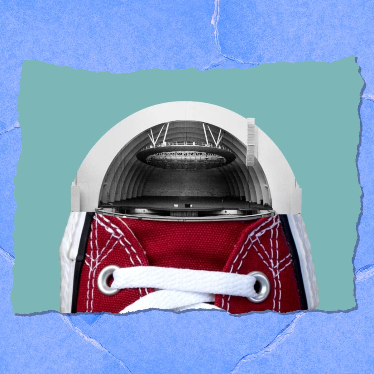 Photo illustration of a red tennis shoe; the toe of the shoe is the Hollywood Bowl amphitheater.