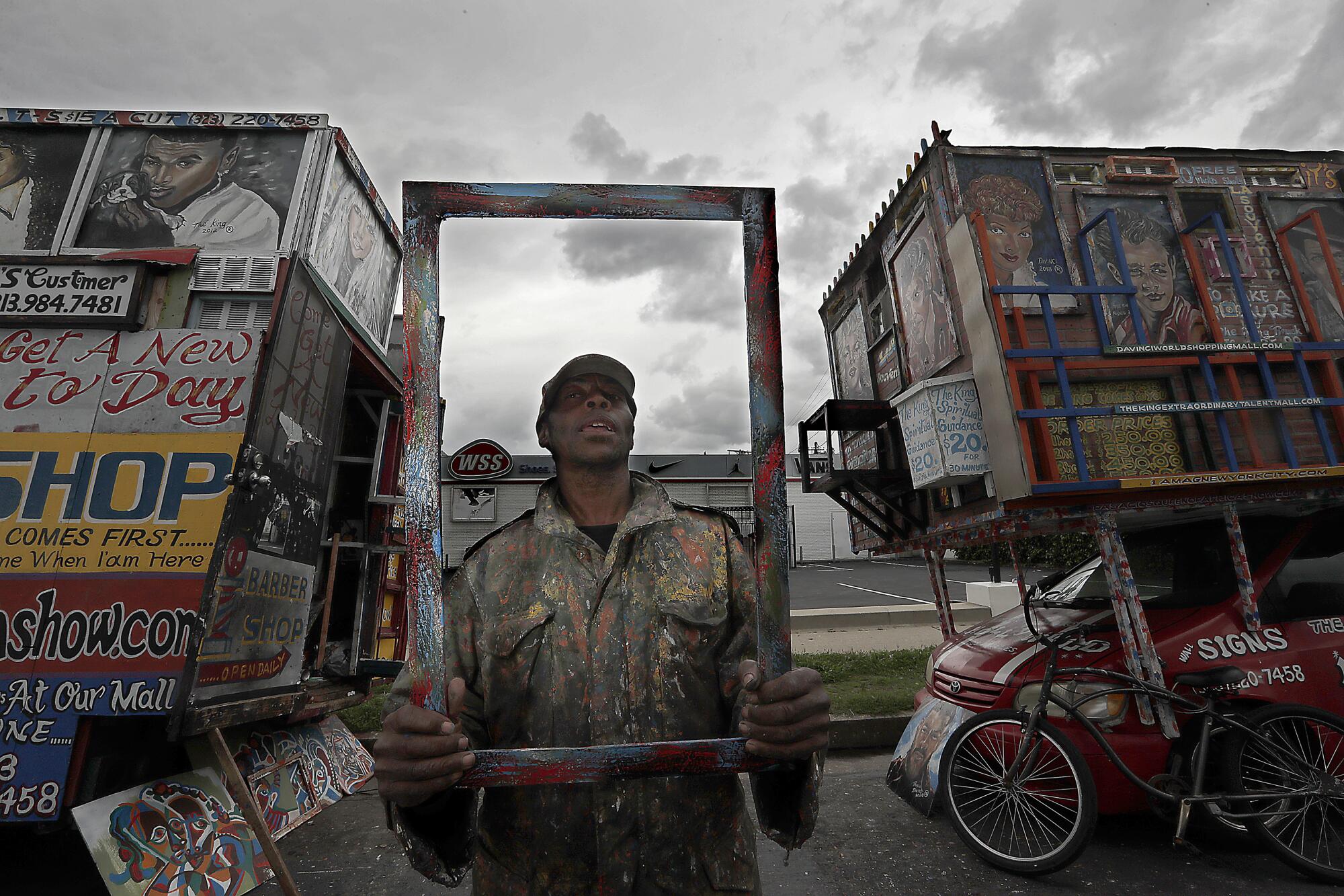 Pascacio DaVinci, 65, uses two campers as housing and storage for his artwork. He has been a street vendor in South L.A. for more than 20 years, and is fatalistic about the coronavirus pandemic. "If it's my time to die, it's my time to die," he said. "Mask or no mask, it won't matter."