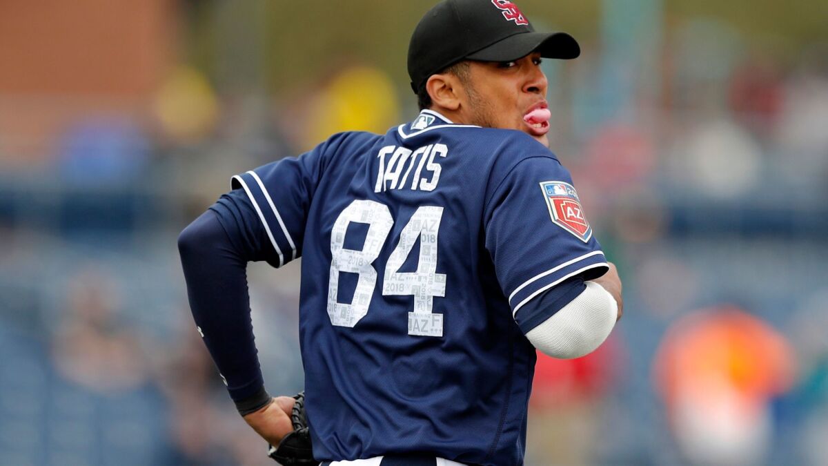 In this Feb. 23, 2018, photo, Padres shortstop Fernando Tatis runs onto the field during the sixth inning of a spring training baseball game against the Seattle Mariners.