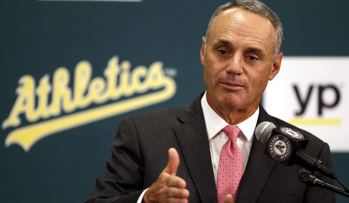 Baseball Commissioner Rob Manfred speaks during a media conference prior to a game between the Los Angeles Angels and the Oakland Athletics on Friday.