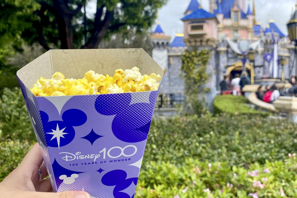 A hand holds a cardboard container of popcorn in front of Sleeping Beauty's castle.