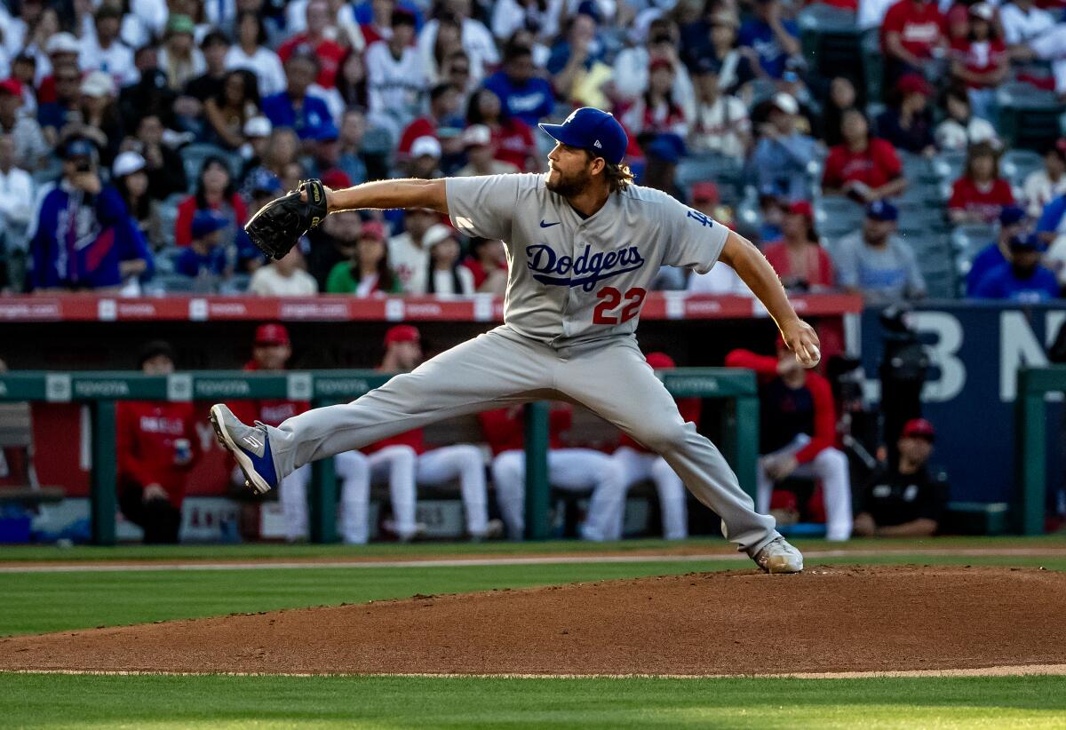 Dodgers starting pitcher Clayton Kershaw throws against the Angels.