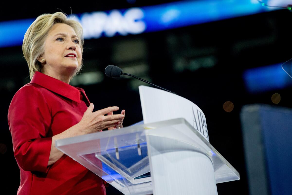 Democratic presidential candidate Hillary Clinton speaks at the 2016 American Israel Public Affairs Committee (AIPAC) Policy Conference, March 21, 2016, at the Verizon Center in Washington.