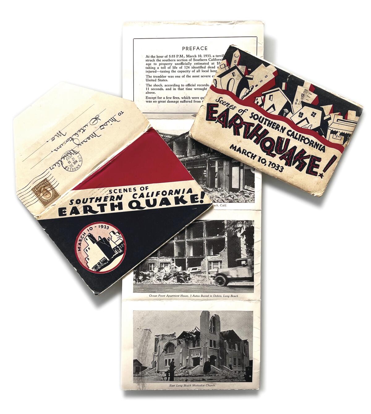 Historical memorabilia from Patt Morrison's collection shows some of the damage from the 1933 Long Beach earthquake.