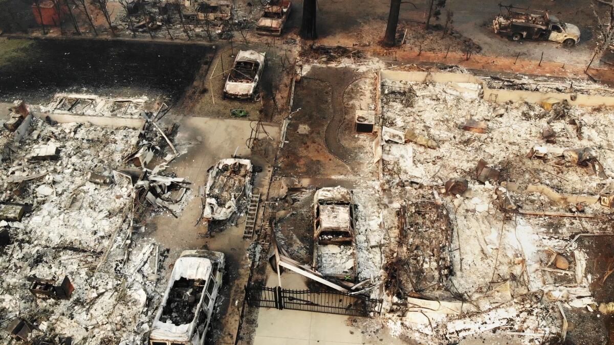 An aerial view of Clark Road in Paradise, Calif., on Nov. 15, a week after the Camp fire erupted.