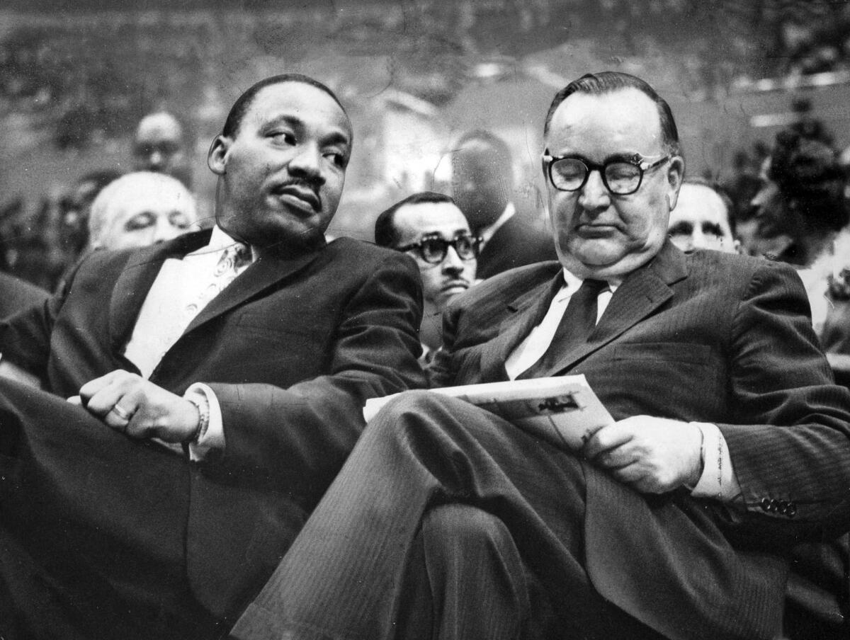June 18, 1961: King with California Gov. Pat Brown during a Freedom Rally at the L.A. Sports Arena, where Brown introduced King to an overflow crowd of 25,000.
