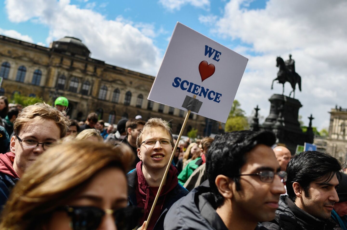 March for Science participants fill Theater Square in Dresden, Germany.