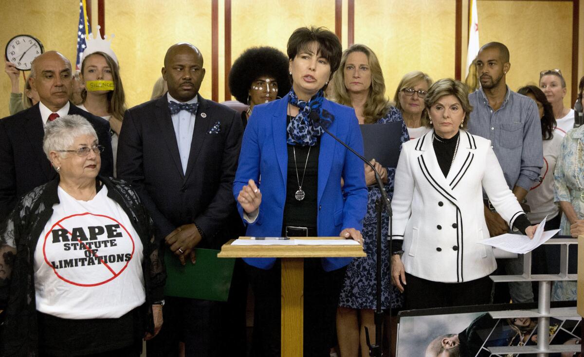 State Sen. Connie Leyva (D-Chino), shown speaking at a 2016 news conference for ending the statute of limitations for rape, wants to ban confidentiality provisions from sexual harassment settlements.