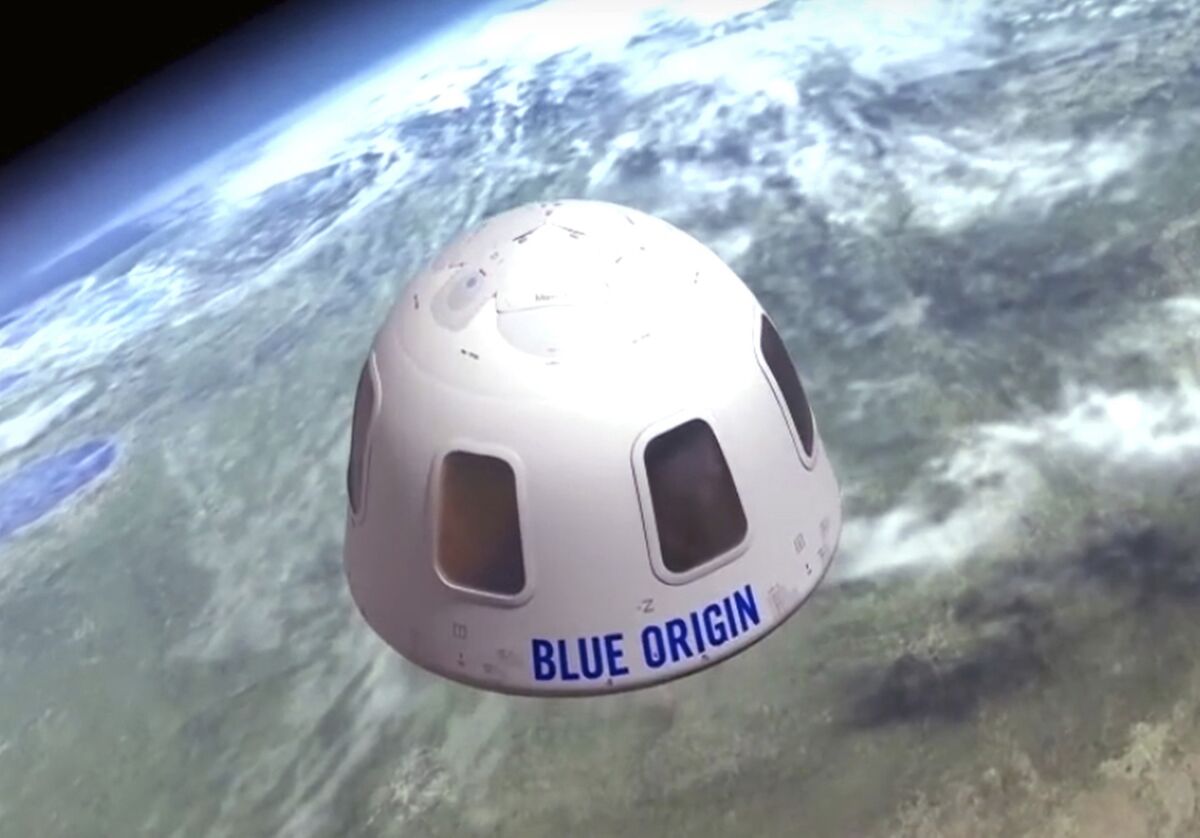 An illustration of a Blue Origin capsule that would carry tourists into space