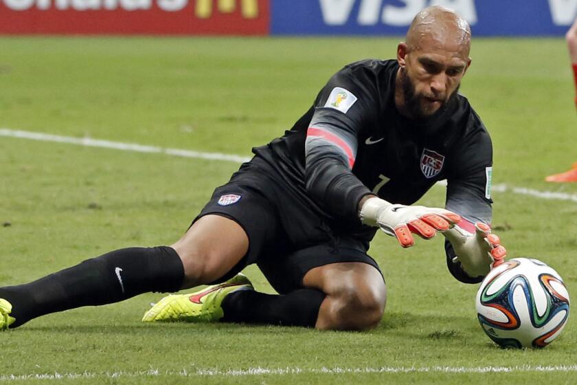 U.S. goalkeeper Tim Howard makes a save during Tuesday's 2-1 loss to Belgium at the World Cup in Salvador, Brazil.