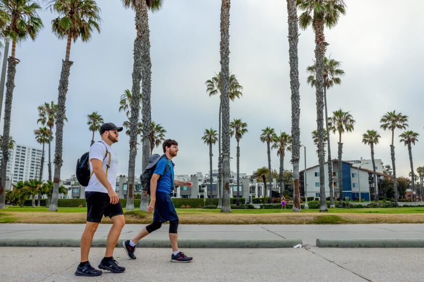 Tucker O'Neill, in blue, and Wes Brumbaugh on their 41miles of walk to Los Angeles.