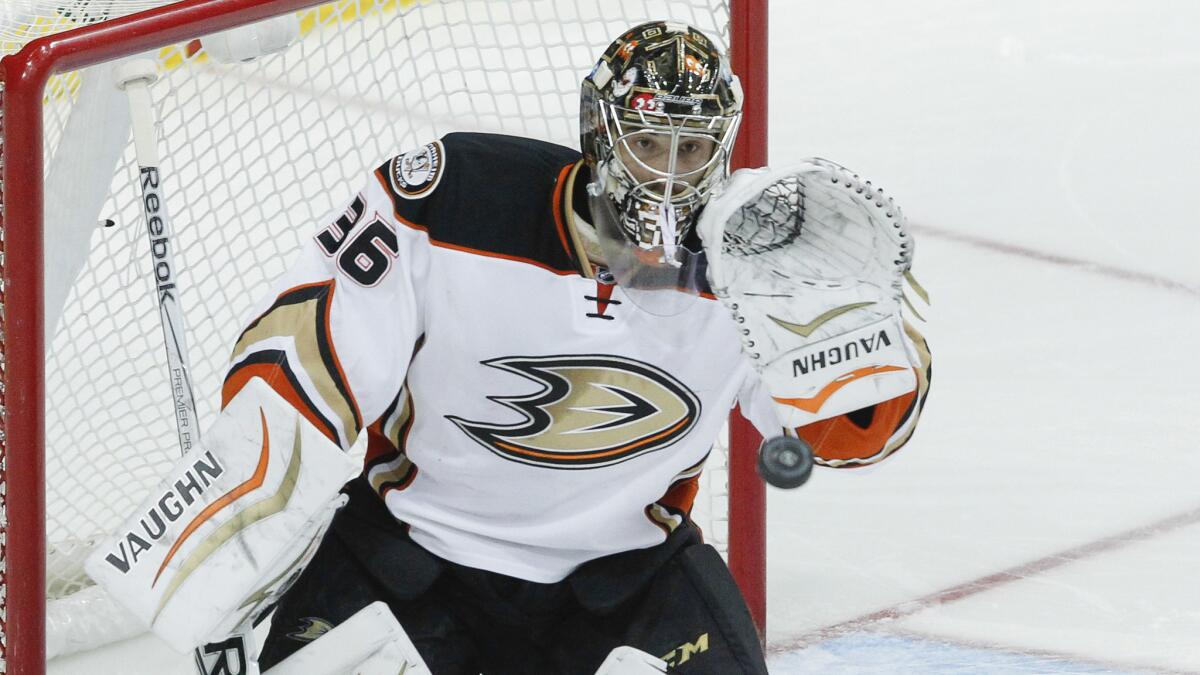 Ducks goalie John Gibson makes a save during a win over over the Dallas Stars on March 1.