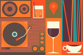 A montage image of a record player, speaker, records, cocktails, coffee and a gps pin