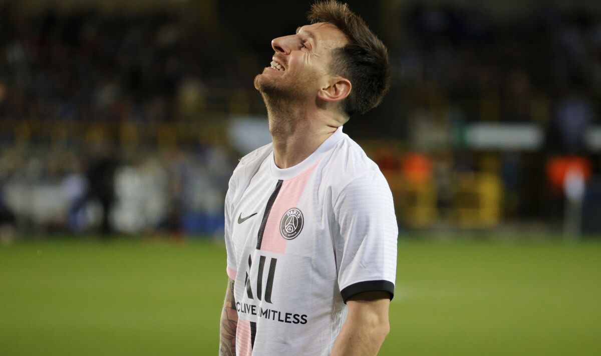 PSG's Lionel Messi reacts during the Champions League Group A soccer match between Club Brugge and PSG at the Jan Breydel stadium in Bruges, Belgium, Wednesday, Sept. 15, 2021. (AP Photo/Olivier Matthys)