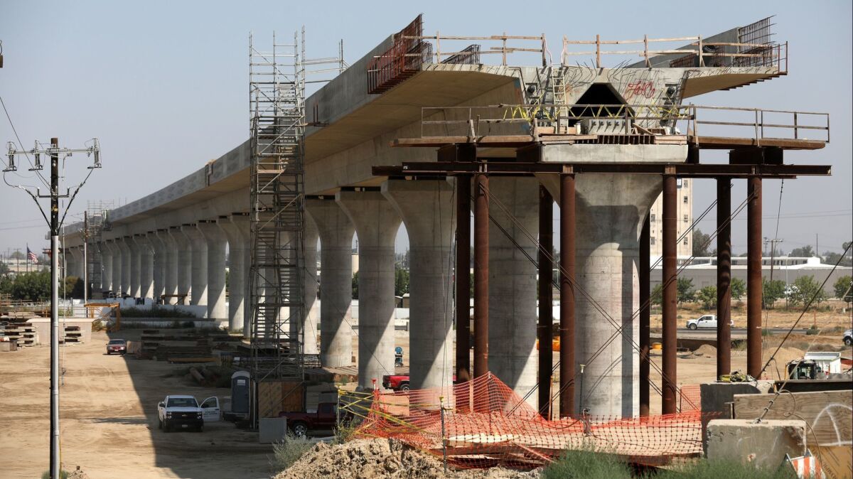 Construction of California's high-speed rail project in Fresno. Newsom, who had criticized the project's cost overruns, appointed a new leader of the High-Speed Rail Authority.