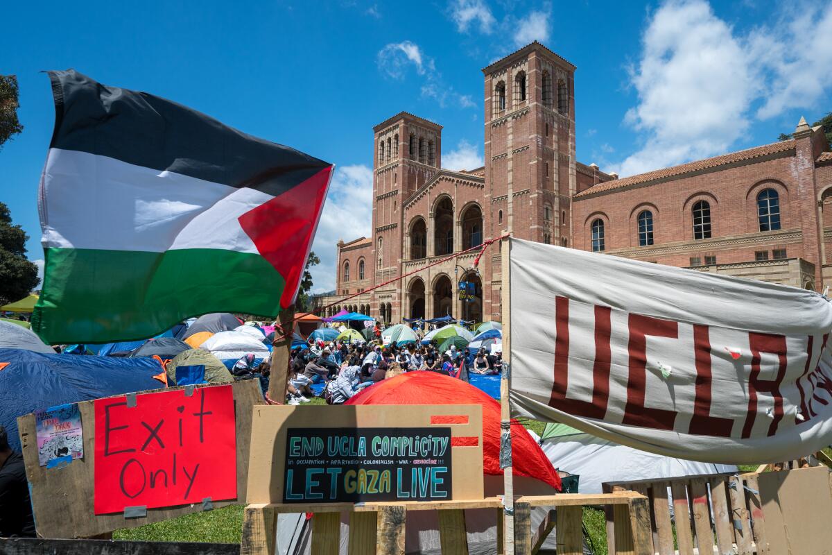 A tent encampment with flags and signs on a lawn, with a building in the background.