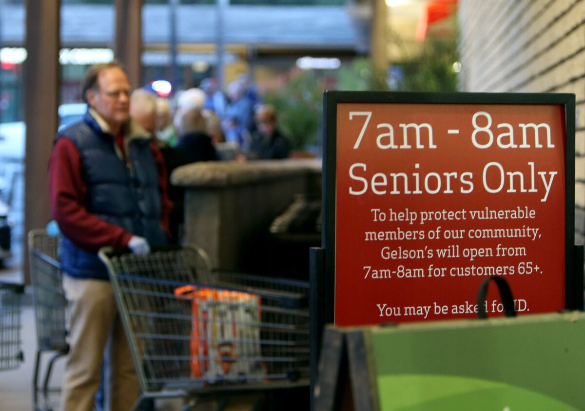 About 150 seniors were in line by 7 am. at Gelson's in La Canada Flintridge on March 20. The store policy now says that only seniors 65 and older can shop from 7 a.m. to 8 a.m.