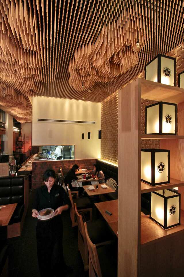 The ceiling design adds to the interesting interior of Tsujita LA Artisan Noodles on Sawtelle.