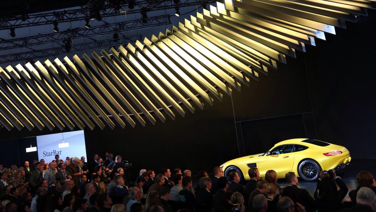 The Mercedes AMG GT is introduced at the 2014 Los Angeles Auto Show.