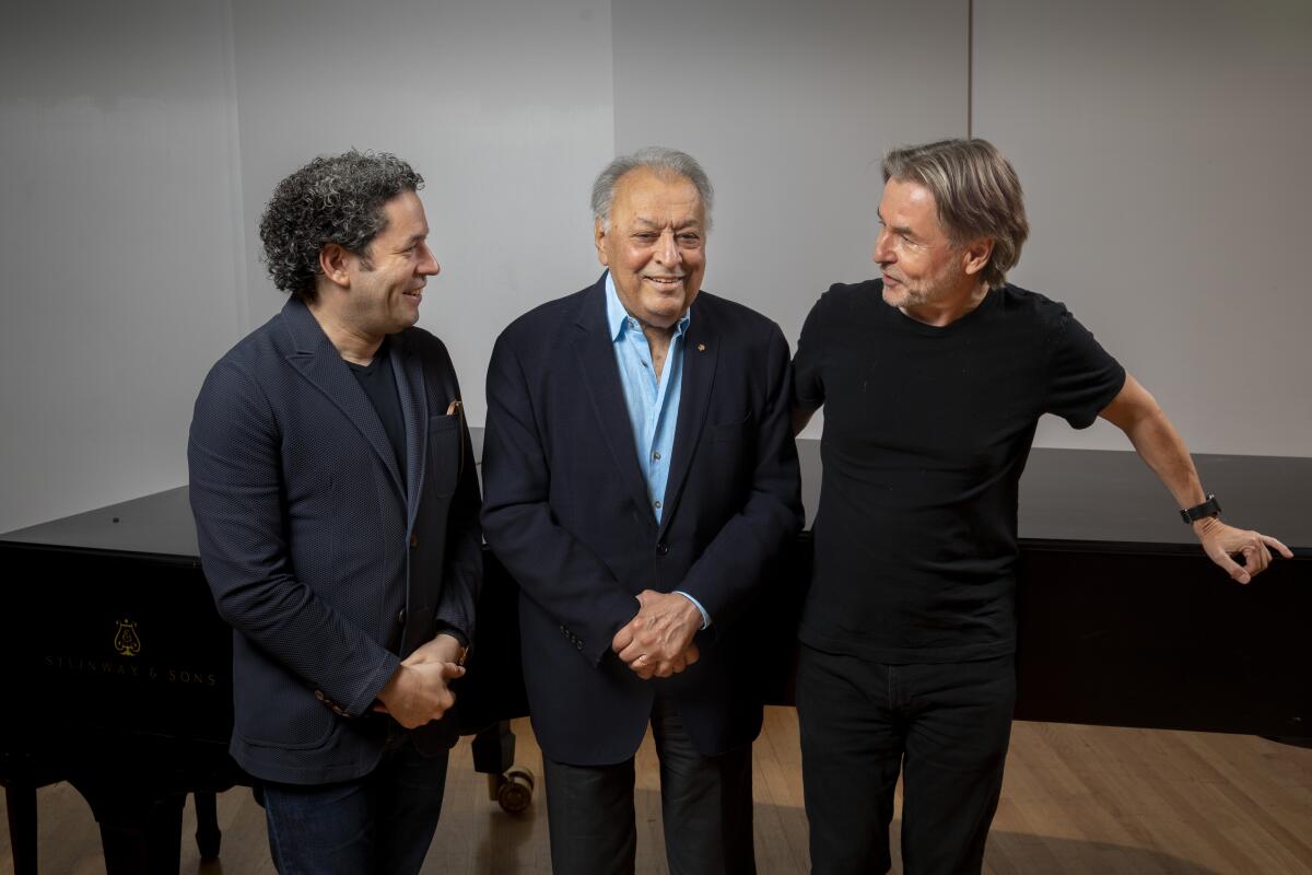 Gustavo Dudamel, left, Zubin Mehta and Esa-Pekka Salonen photographed before a rehearsal at Walt Disney Concert Hall.