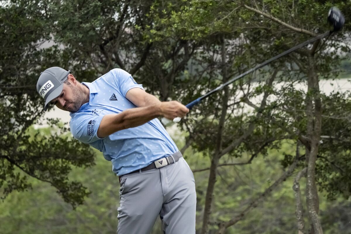 Corey Conners tees off on the 18th hole during the first round of the Valero Texas Open golf tournament, Friday, March 31, 2023, in San Antonio. (AP Photo/Rodolfo Gonzalez )