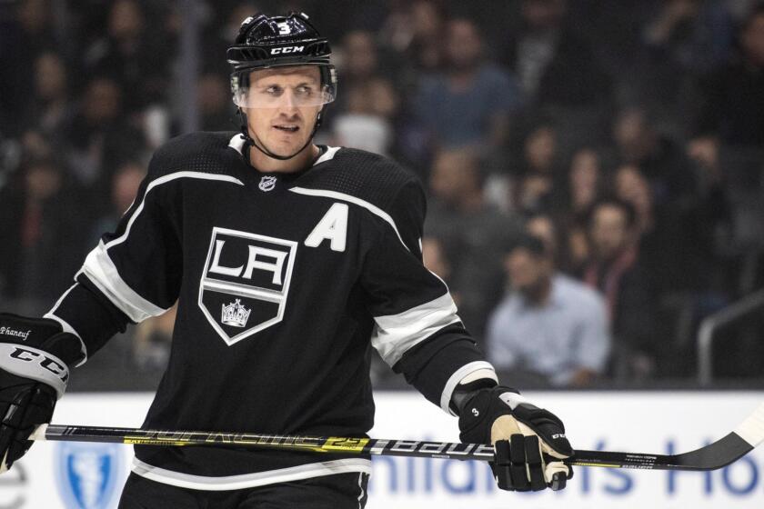 Los Angeles Kings defenseman Dion Phaneuf during an NHL hockey game against the New York Islanders Thursday, Oct. 18, 2018 in Los Angeles. (AP Photo/Kyusung Gong)