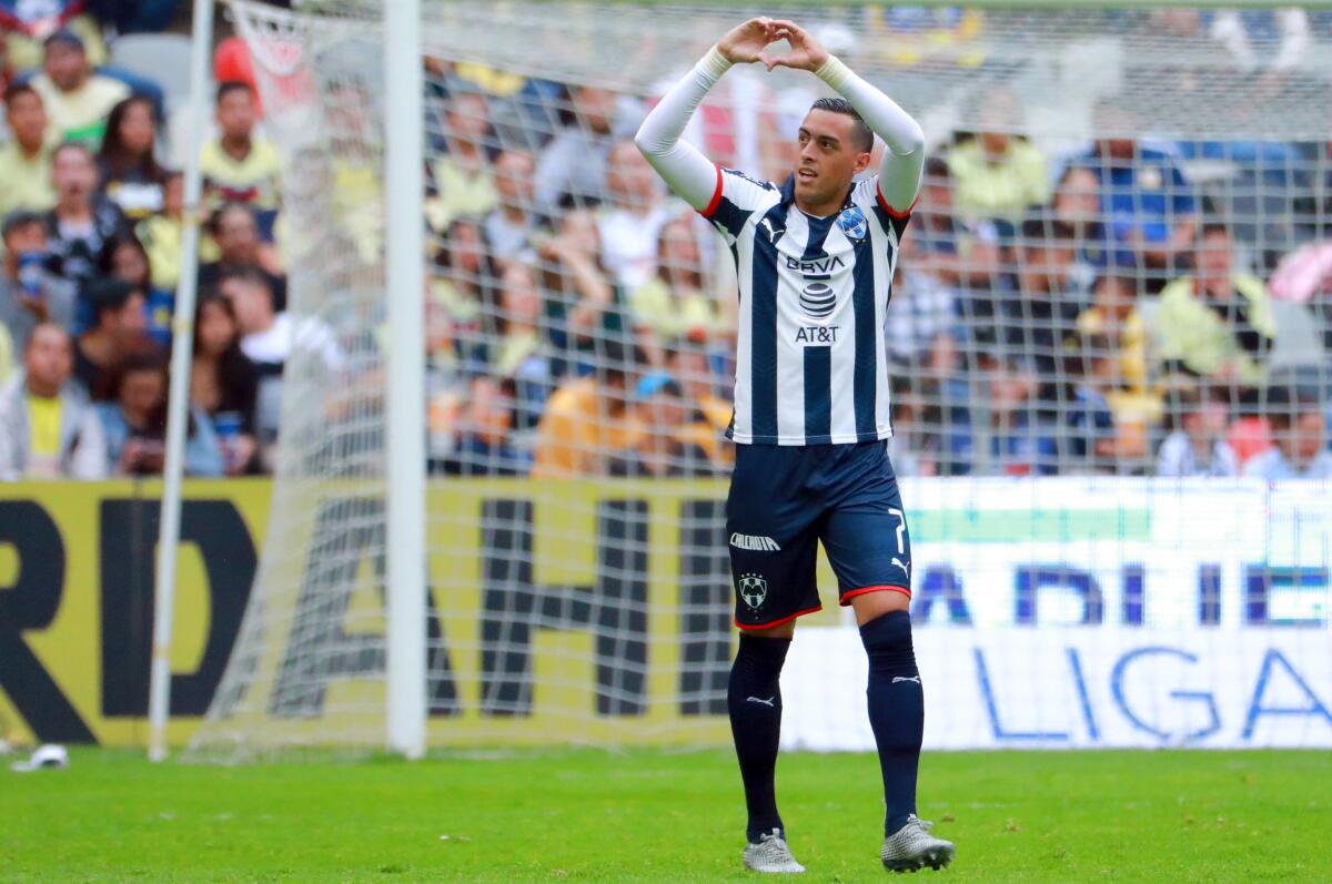 Rogelio Funes Mori of Monterrey celebrates his goal during the Mexican Apertura 2019 tournament football match against America at the Azteca stadium in Mexico City, on July 20, 2019. (Photo by Marcos Dominguez / AFP)MARCOS DOMINGUEZ/AFP/Getty Images ** OUTS - ELSENT, FPG, CM - OUTS * NM, PH, VA if sourced by CT, LA or MoD **