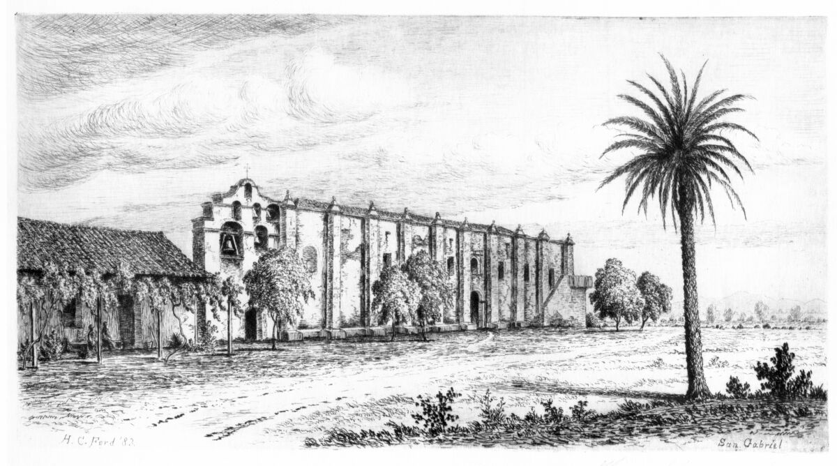 Henry Chapman Ford, "Mission San Gabriel," 1883, etching and drypoint.