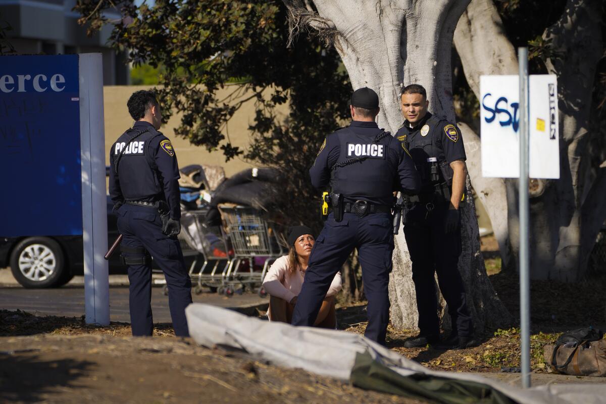 Chula Vista police officers on Wednesday question an individual across the street from Harborside Park. 