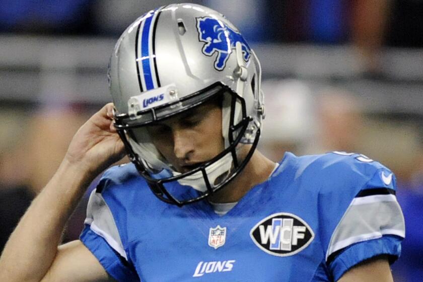 Detroit Lions kicker Alex Henery reacts after missing a 50-yard field goal in the fourth quarter of a 17-14 loss to the Buffalo Bills on Sunday.