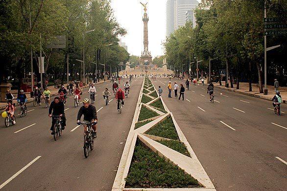 Bicyclists enjoy the closing of Mexico City's Paseo de la Reforma to car traffic every Sunday morning. During the week, vehicular chaos rules, as bumper-to-bumper drivers forget about turn signals and treat red lights as mere suggestions.