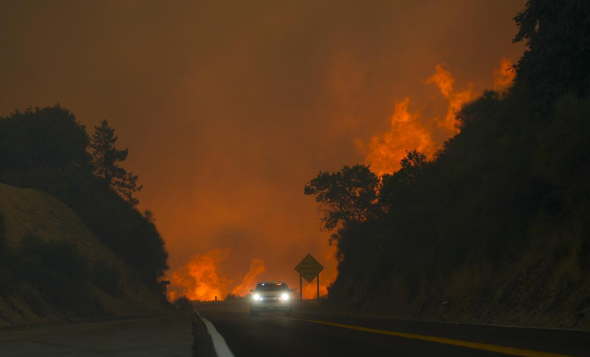 The Line fire jumps Highway 330 as a motorist speeds past near Running Springs, Calif. 