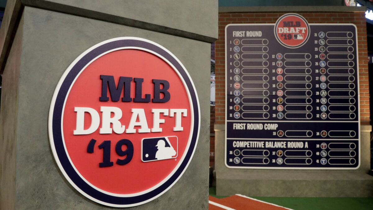 The rostrum is viewed at the MLB Network prior to the first round of the MLB draft on Monday in Secaucus, N.J.