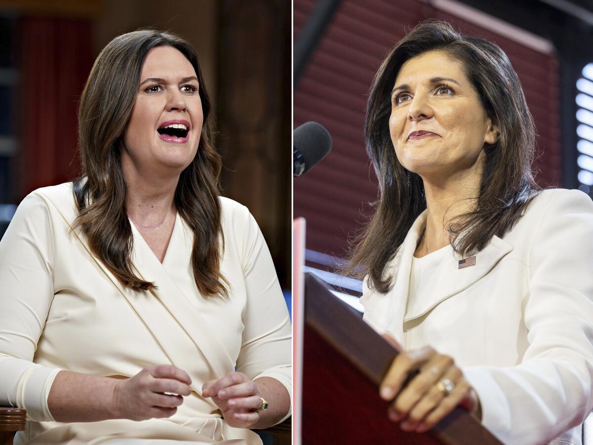 Two women with dark long hair and wearing white outfits are shown speaking in side-by-side photos