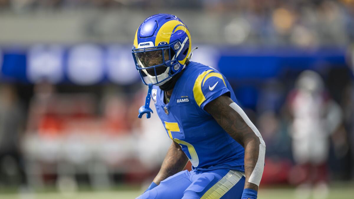 Rams cornerback Jalen Ramsey prepares to cover a receiver against the Arizona Cardinals on Oct. 3.