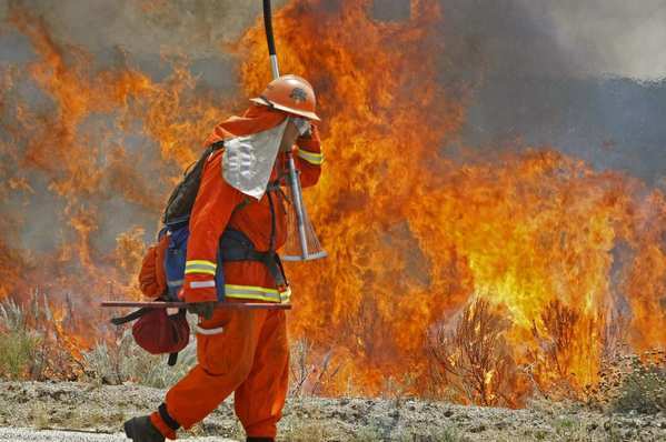 A firefighter from the Norco Conservation Camp shields his face from the heat of a backfire his crew set in Anza-Borrego Desert State Park in San Diego County. Five blazes in the area form the Vallecito Lightning Complex fire.