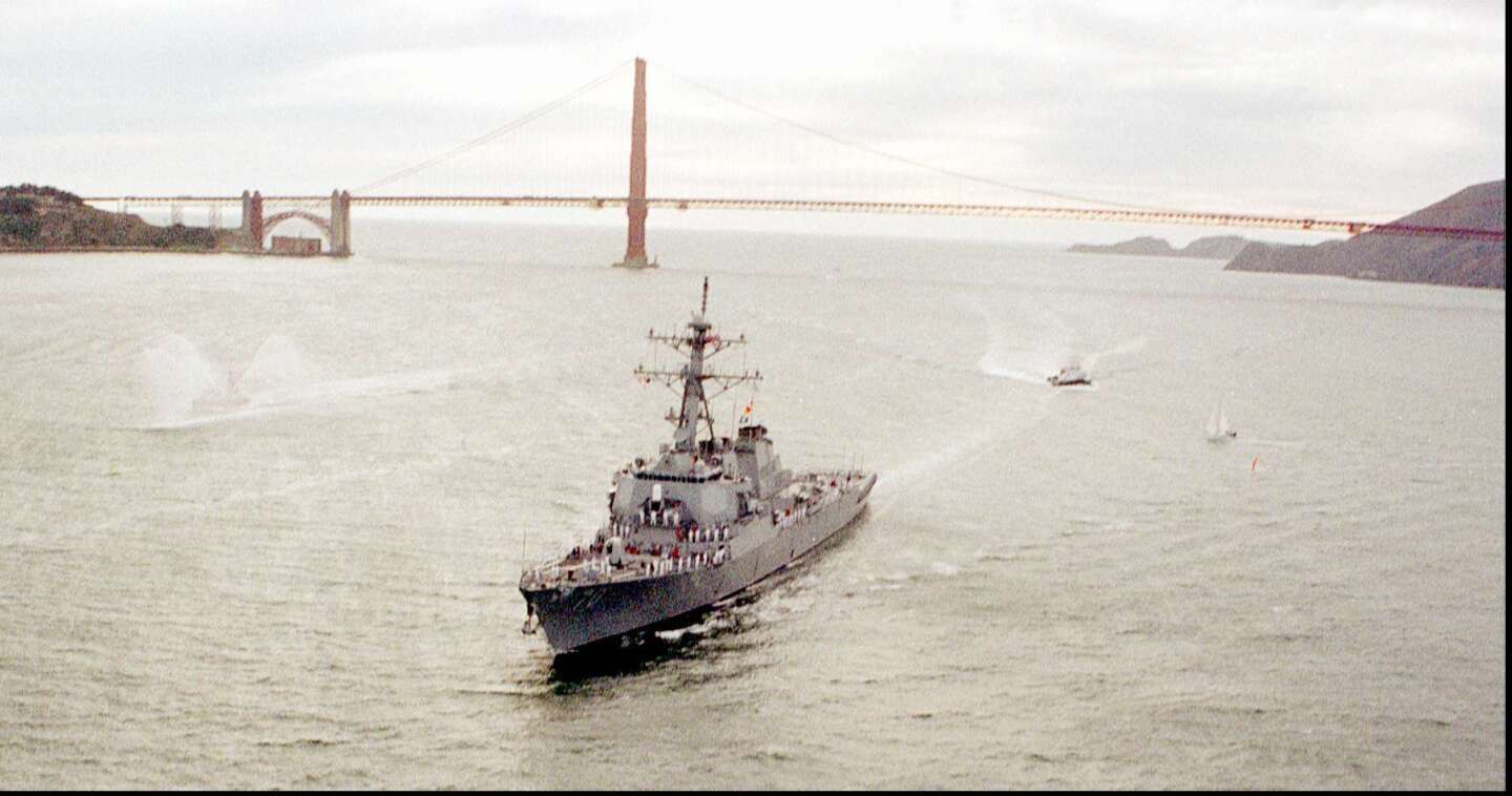 The U.S. Navy destroyer Hopper, named for Grace Murray Hopper, sails into San Francisco Bay in 1997.