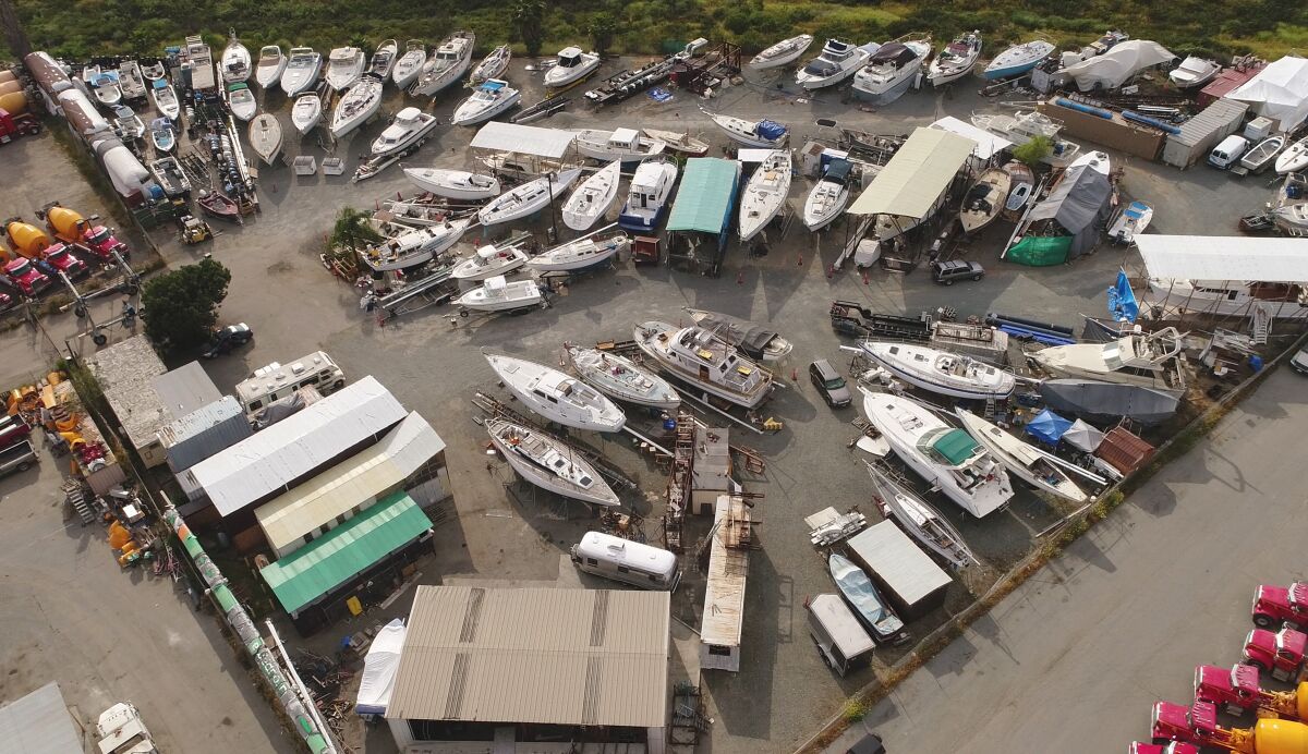 An aerial view of boats at a movers yard off Mission Gorge Road