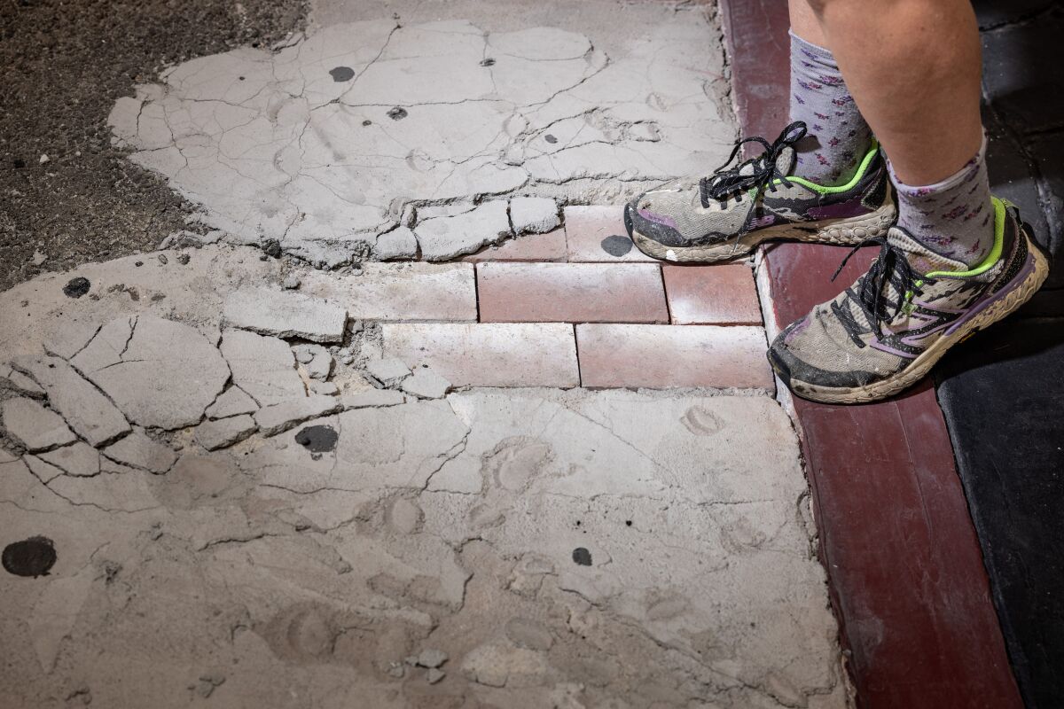 Artist Fiona Connor's work shoes photographed alongside part of her "Continuous sidewalk."