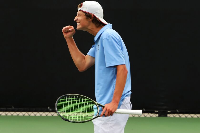 Corona del Mar's High School's Niels Hoffman celebrates a point against Woodbridge High School's Avery Tallakson during the CIF Southern Section individuals boys' tennis singles semifinals at the Biszantz Family Tennis Center in Claremont on Wednesday, May 24, 2023. (Photo by James Carbone)