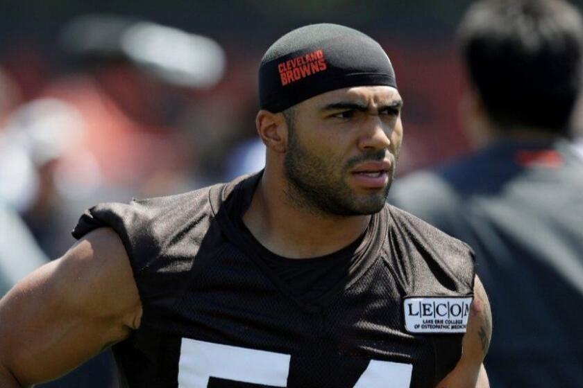 FILE - In this July 26, 2018, file photo, Cleveland Browns' Mychal Kendricks is shown during an NFL football training camp in Berea, Ohio. Federal prosecutors in Philadelphia say Cleveland Browns linebacker Mychal Kendricks used insider trading tips from an acquaintance to make about $1.2 ...