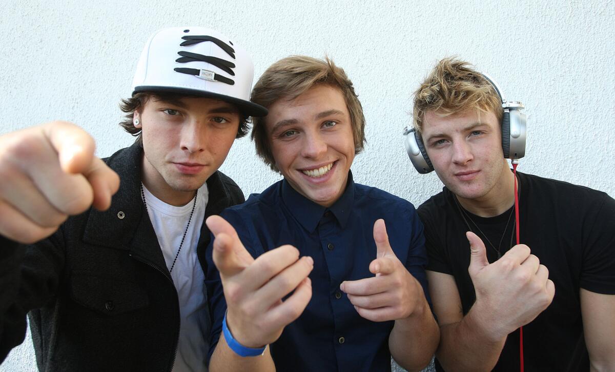 Emblem3 in Los Angeles. They are, from left, Wesley Stromberg, Keaton Stromberg and Drew Chadwick.