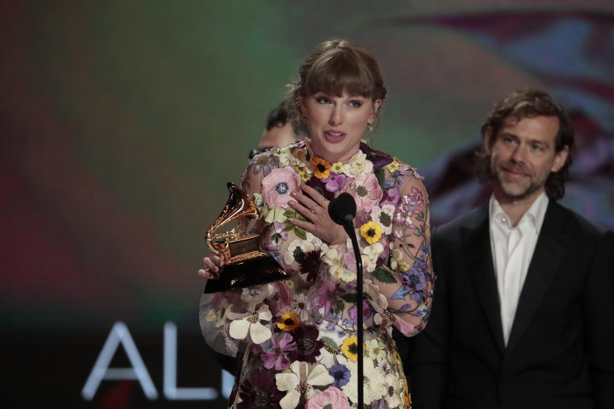 Taylor Swift accepts the award for Album of the Year at the 63rd Grammy Awards